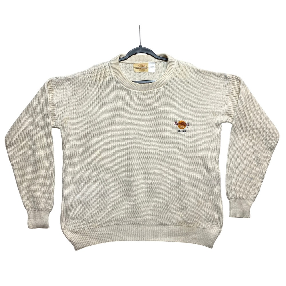 Hard Rock Cafe Sweater Mens XL Cream Dallas Shaker Knit Embroidered Vintage